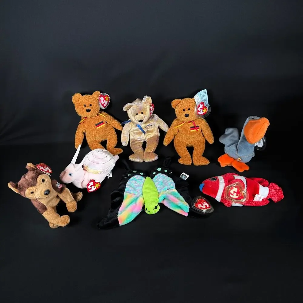 Lot of 8 Ty Beanie Babies Bears Fish Butterfly Dog Plush With Tags Retired